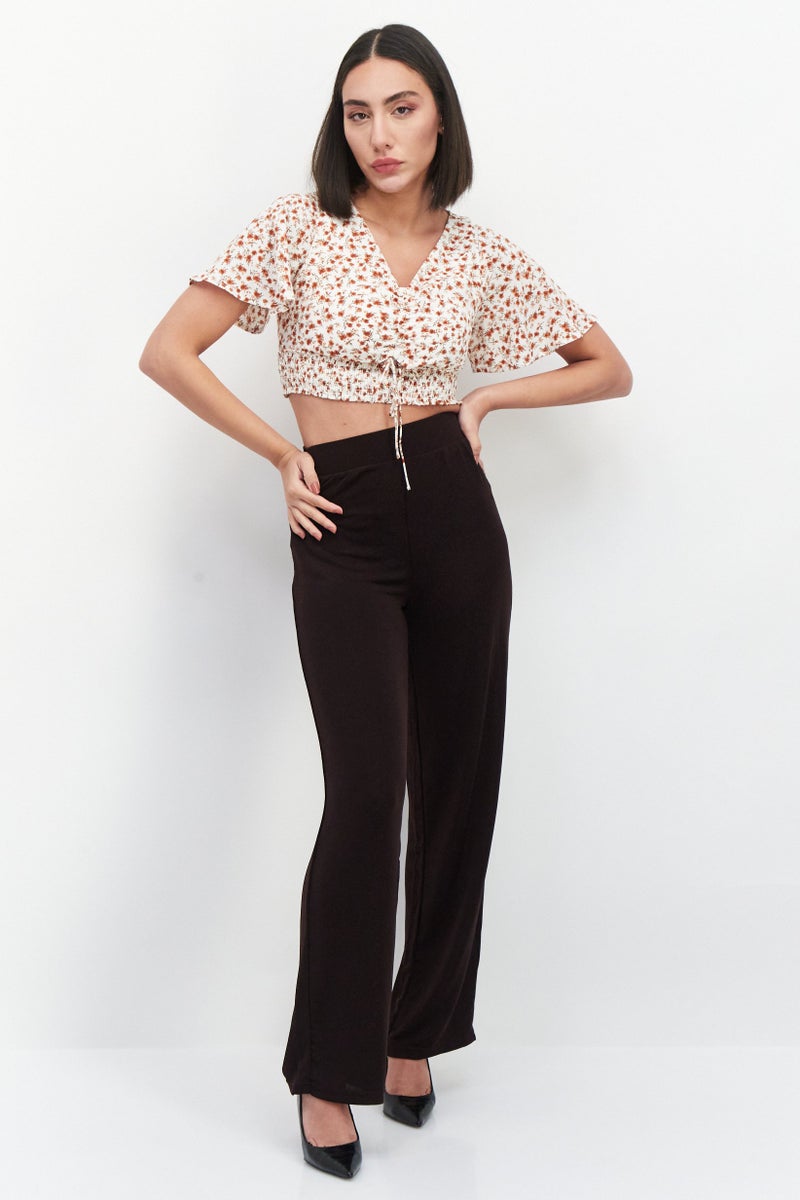 VERO MODA Women V Neck Short Sleeves Floral Print Crop Top, Brown Combo  - Image 4