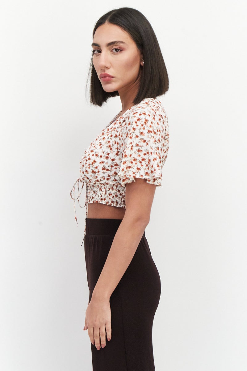 VERO MODA Women V Neck Short Sleeves Floral Print Crop Top, Brown Combo  - Image 2