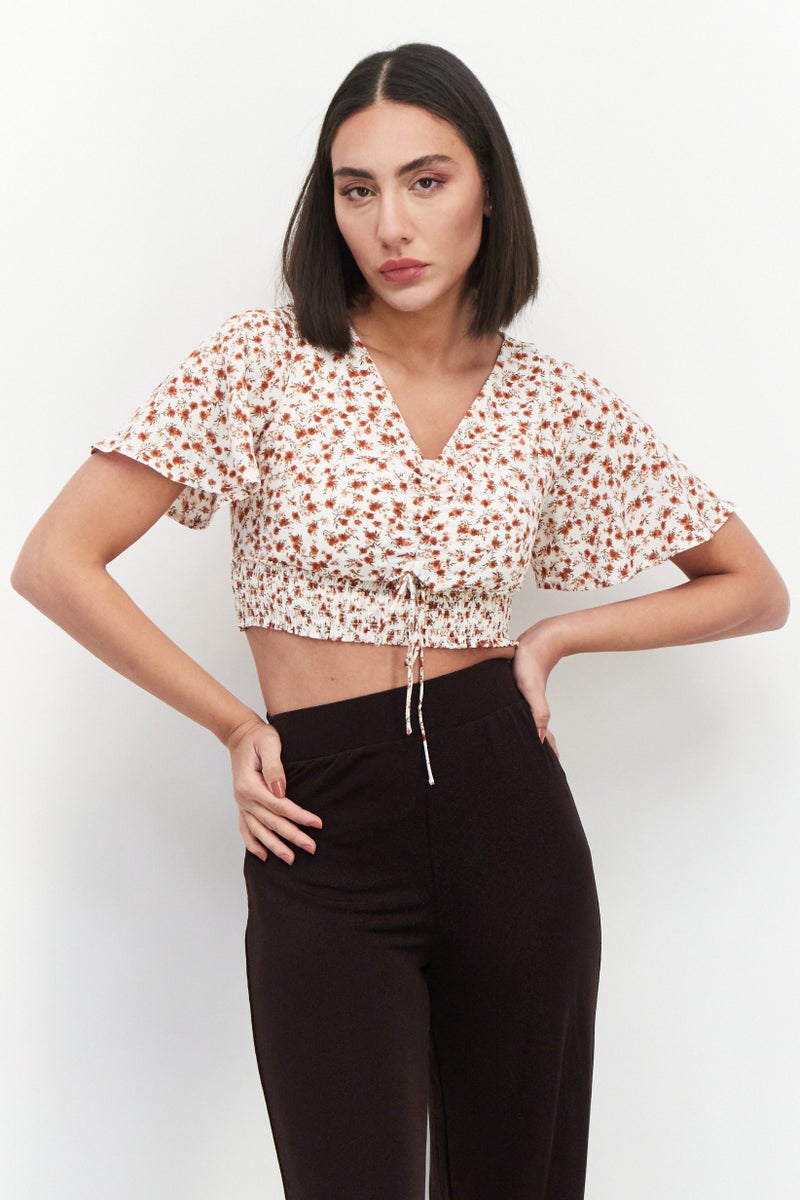 VERO MODA Women V Neck Short Sleeves Floral Print Crop Top, Brown Combo  - Image 1