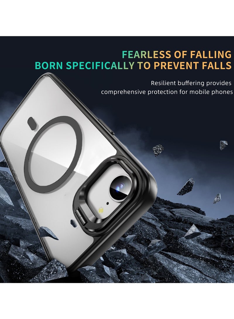 دبليو تيك غطاء هاتف أبل آيفون 16e 5G 2025 الفاخر بشفافية مagsafe وحامل قابل للطي مع حلقة معدنية وحماية عدسة الكاميرا الشفافة - أسود - Image 3