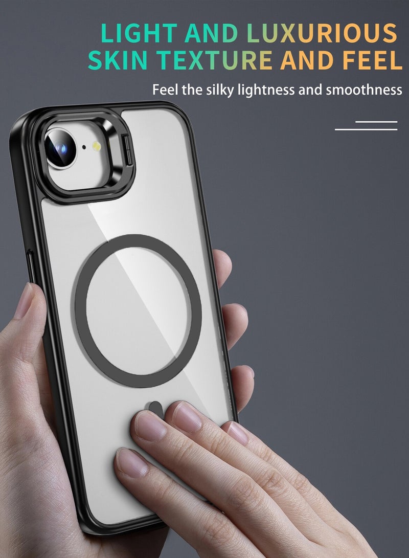 دبليو تيك غطاء هاتف أبل آيفون 16e 5G 2025 الفاخر بشفافية مagsafe وحامل قابل للطي مع حلقة معدنية وحماية عدسة الكاميرا الشفافة - أسود - Image 5