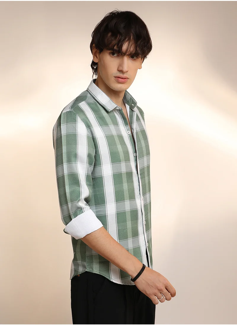 Campus Sutra Men's Sage Green Tartan Plaid Shirt