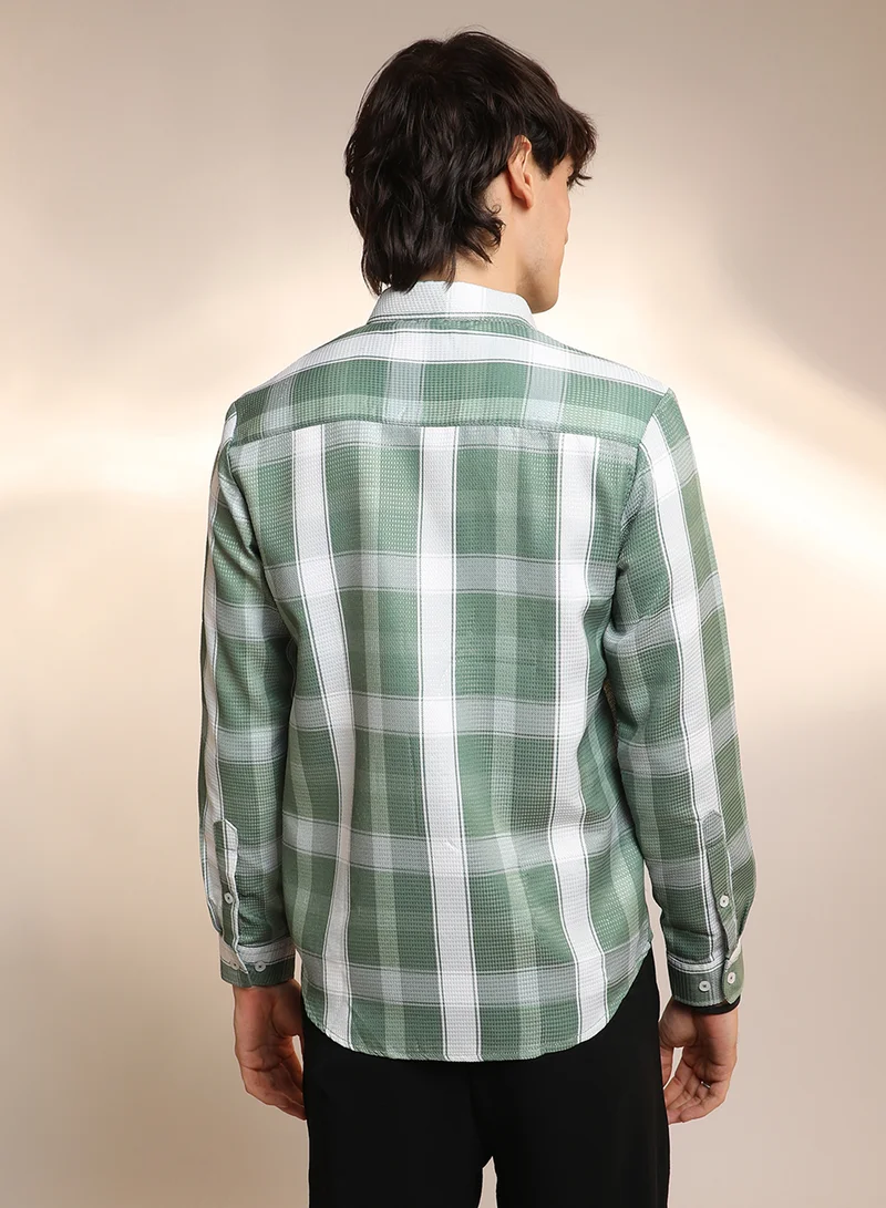 Campus Sutra Men's Sage Green Tartan Plaid Shirt
