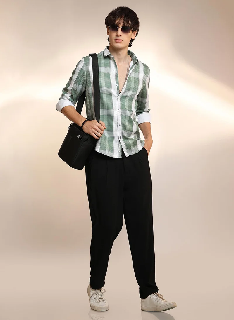 Campus Sutra Men's Sage Green Tartan Plaid Shirt