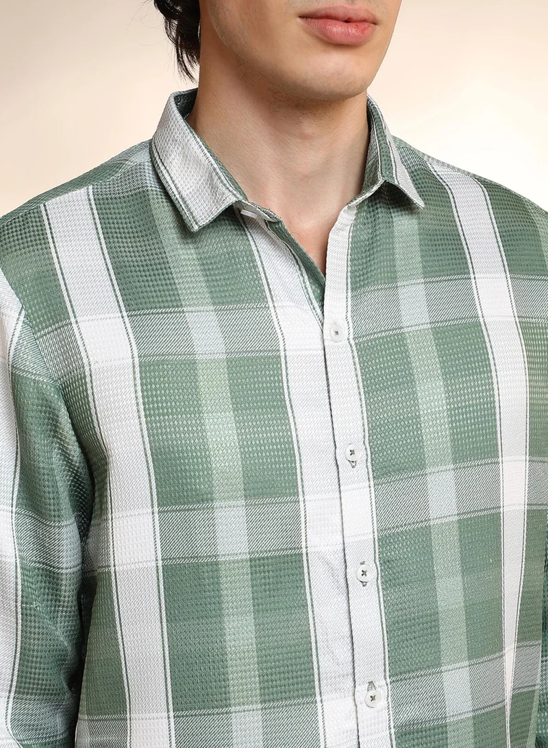 Campus Sutra Men's Sage Green Tartan Plaid Shirt