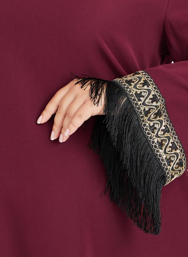 Styli Styli Plus Size Solid Collared Jalabiya with Lace and Tassel Detail  - Image 4
