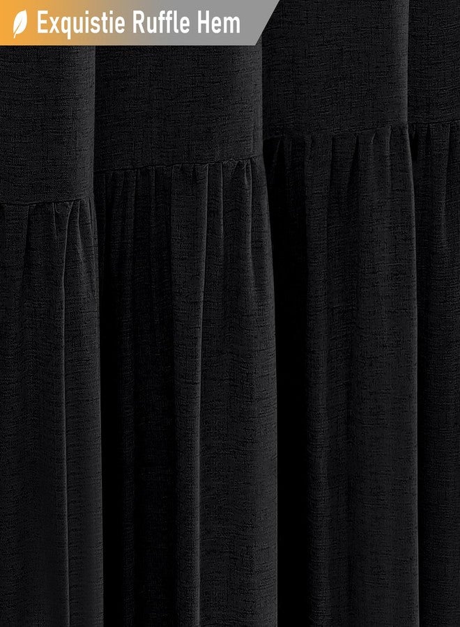 BTTN Extra Long Linen Shower Curtain - 72x96 Inch Long Shabby Chic Heavy Duty Fabric Shower Curtain Set with Ruffle Hem, Tall Farmhouse Vintage Country Cloth Shower Curtains for Bathroom - Black - Image 3