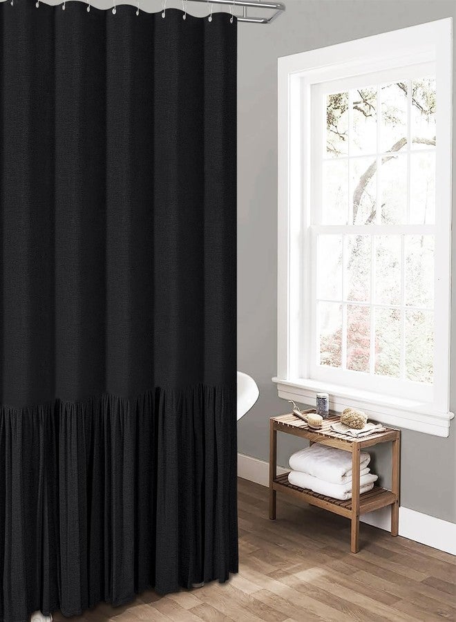 BTTN Extra Long Linen Shower Curtain - 72x96 Inch Long Shabby Chic Heavy Duty Fabric Shower Curtain Set with Ruffle Hem, Tall Farmhouse Vintage Country Cloth Shower Curtains for Bathroom - Black - Image 5