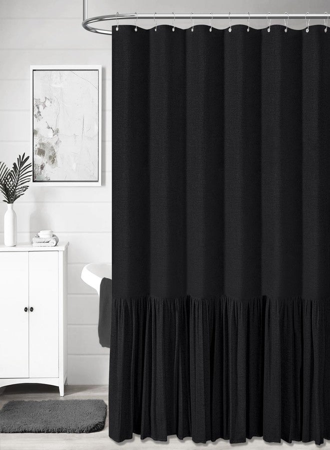 BTTN Extra Long Linen Shower Curtain - 72x96 Inch Long Shabby Chic Heavy Duty Fabric Shower Curtain Set with Ruffle Hem, Tall Farmhouse Vintage Country Cloth Shower Curtains for Bathroom - Black - Image 1