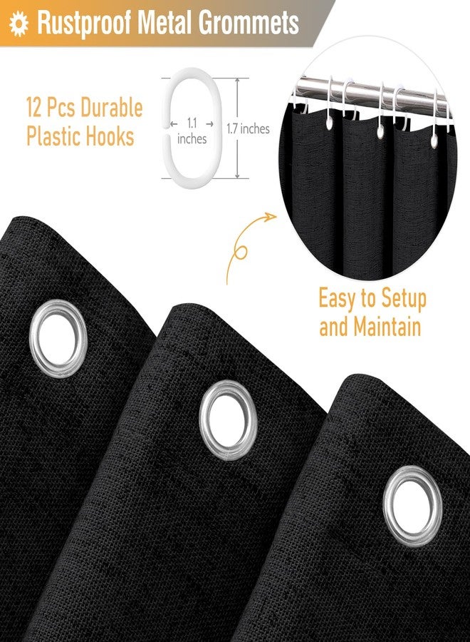 BTTN Extra Long Linen Shower Curtain - 72x96 Inch Long Shabby Chic Heavy Duty Fabric Shower Curtain Set with Ruffle Hem, Tall Farmhouse Vintage Country Cloth Shower Curtains for Bathroom - Black - Image 4