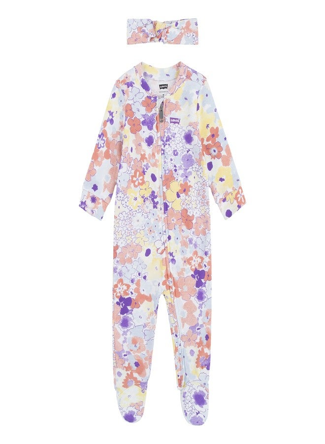 Levi's unisex-baby Long Sleeve Footed Coverall, Floral Blooms, 0/3M - Image 1