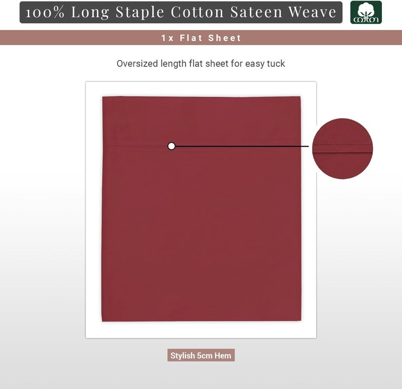PIZUNA 100% Cotton Flat Sheet King Size 300x280 cm Rio Red 1 PC, 400 Thread Count Luxurious Long Staple Cotton Sateen Weave Bed Sheet Rio Red (ملاءة سرير مسطحة من القطن 100%) - Image 3