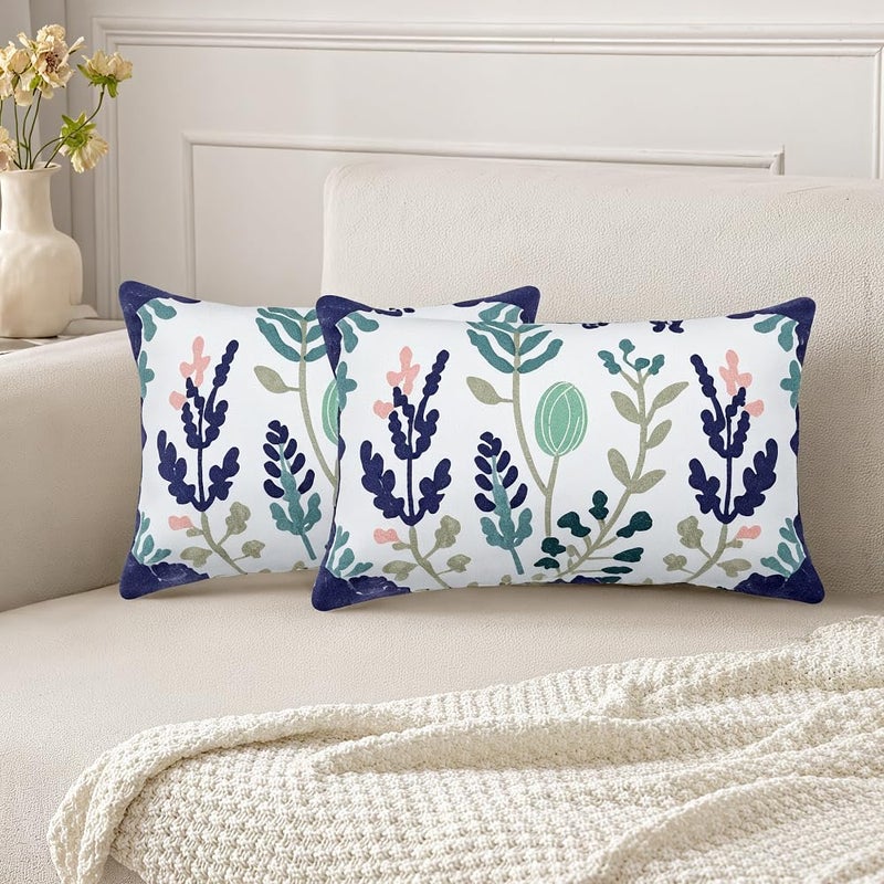 KITTMIN Green and Blue Throw Pillow Covers,12x20 Floral Embroidered Farmhouse Decor Lumbar Pillows, Set of 2 Cozy Boho Accent Cushion Case for Couch & Sofa, Home Decorative Pillow Cases for Bed Room - Image 4