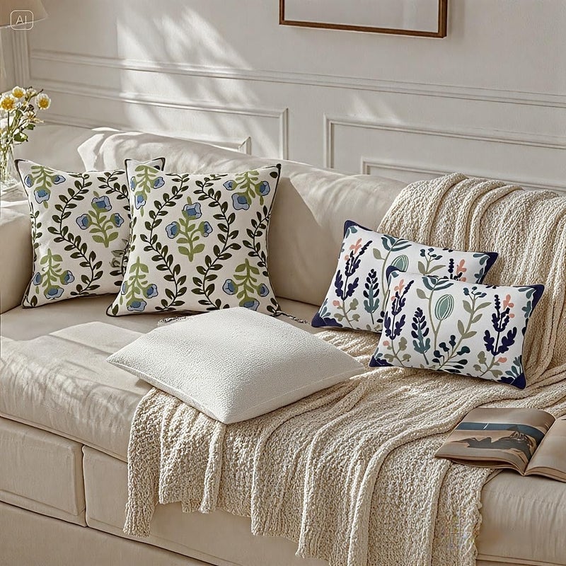 KITTMIN Green and Blue Throw Pillow Covers,12x20 Floral Embroidered Farmhouse Decor Lumbar Pillows, Set of 2 Cozy Boho Accent Cushion Case for Couch & Sofa, Home Decorative Pillow Cases for Bed Room - Image 5
