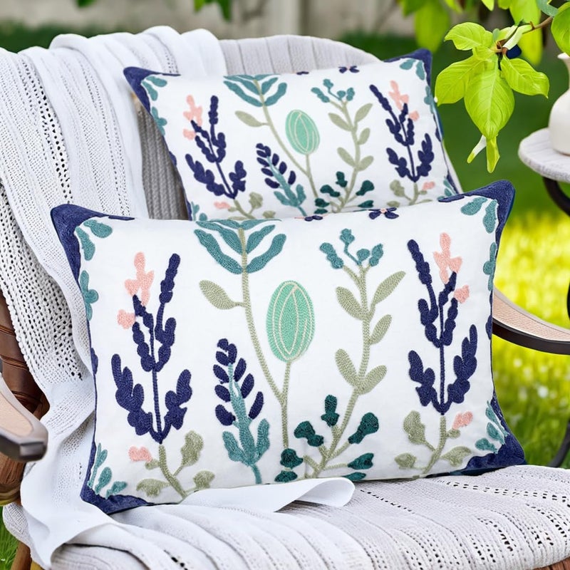 KITTMIN Green and Blue Throw Pillow Covers,12x20 Floral Embroidered Farmhouse Decor Lumbar Pillows, Set of 2 Cozy Boho Accent Cushion Case for Couch & Sofa, Home Decorative Pillow Cases for Bed Room - Image 1