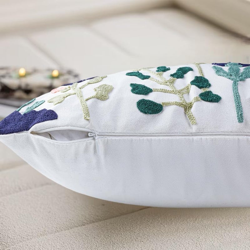 KITTMIN Green and Blue Throw Pillow Covers,12x20 Floral Embroidered Farmhouse Decor Lumbar Pillows, Set of 2 Cozy Boho Accent Cushion Case for Couch & Sofa, Home Decorative Pillow Cases for Bed Room - Image 3