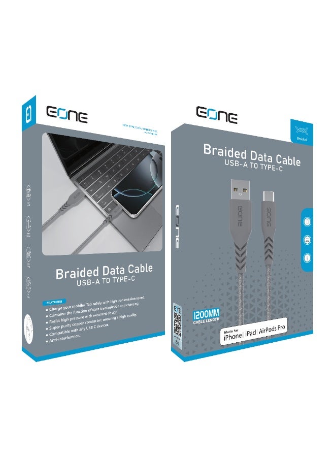 EONE USB-A to USB-C Cable 1.2M Fast Charging Data Cable Nylon Braided Type C Cable for iPhone 15 Samsung Android Phones Tablet Charging Sync – Gray - Image 1