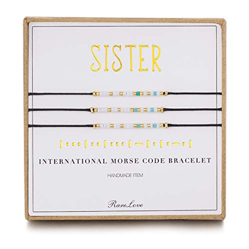 RareLove 3 Pieces Sisters Morse Code Bracelet Friendship Birthday Best Friends Gift For 3 Women Blue White Tiny Pony Seed Beads Black String Bracelets - Image 1