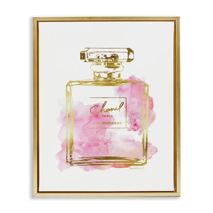 GLAM PERFUME BOTTLE GOLD PINK FRAMED FLOATER CANVAS WALL ART DESIGN BY AMANDA GREENWOOD 17 X 21
