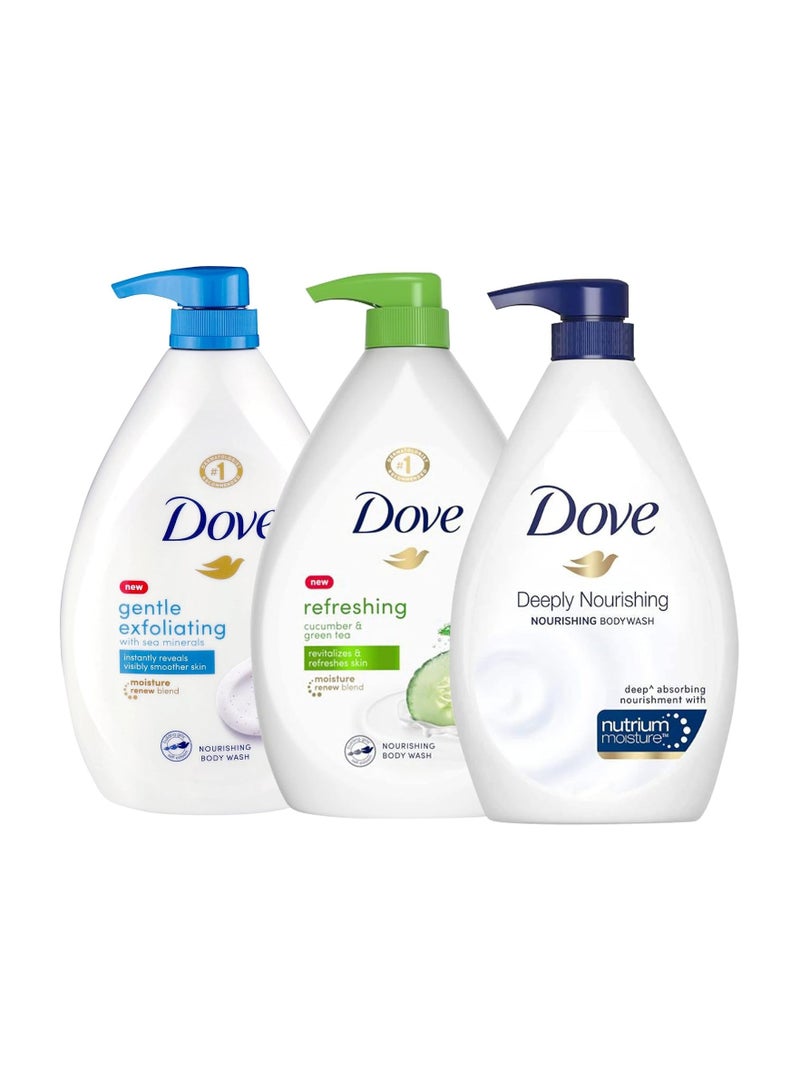 دوف غسول الجسم دوف المتنوع، عبوة من 3 قطع، مغذي بعمق، برائحة الرمان والليمون والخيار والشاي الأخضر مع مضخة، 550 مل 18.5 أونصة