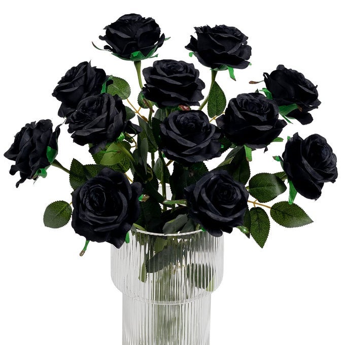 12PCS HALLOWEEN DECORATIONS BLACK ROSES ARTIFICIAL FLOWERS REALISTIC SINGLE STEM FLOWERS SILK ROSE BOUQUET FOR WEDDING PARTY OFFICE HOME DECOR BLACK