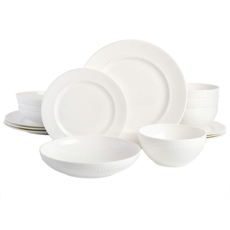 Gibson Elite Embossed Bone China 16-Piece Double Bowl Dinnerware Set, Service for 4 â€“ White Elegant Plates and Bowls - Image 1