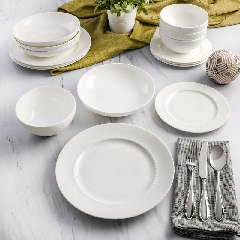 Gibson Elite Embossed Bone China 16-Piece Double Bowl Dinnerware Set, Service for 4 â€“ White Elegant Plates and Bowls - Image 3