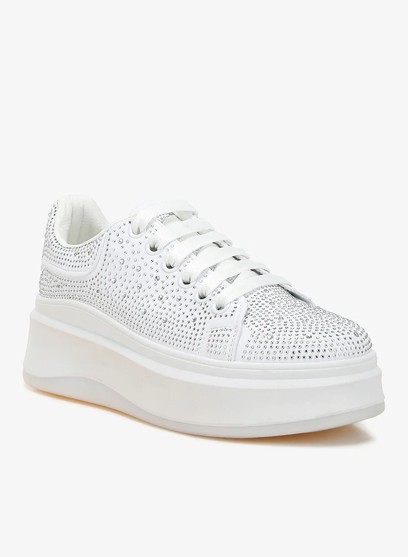 لندن راج حذاء رياضي سميك مزين بأحجار الراين باللون الأبيض