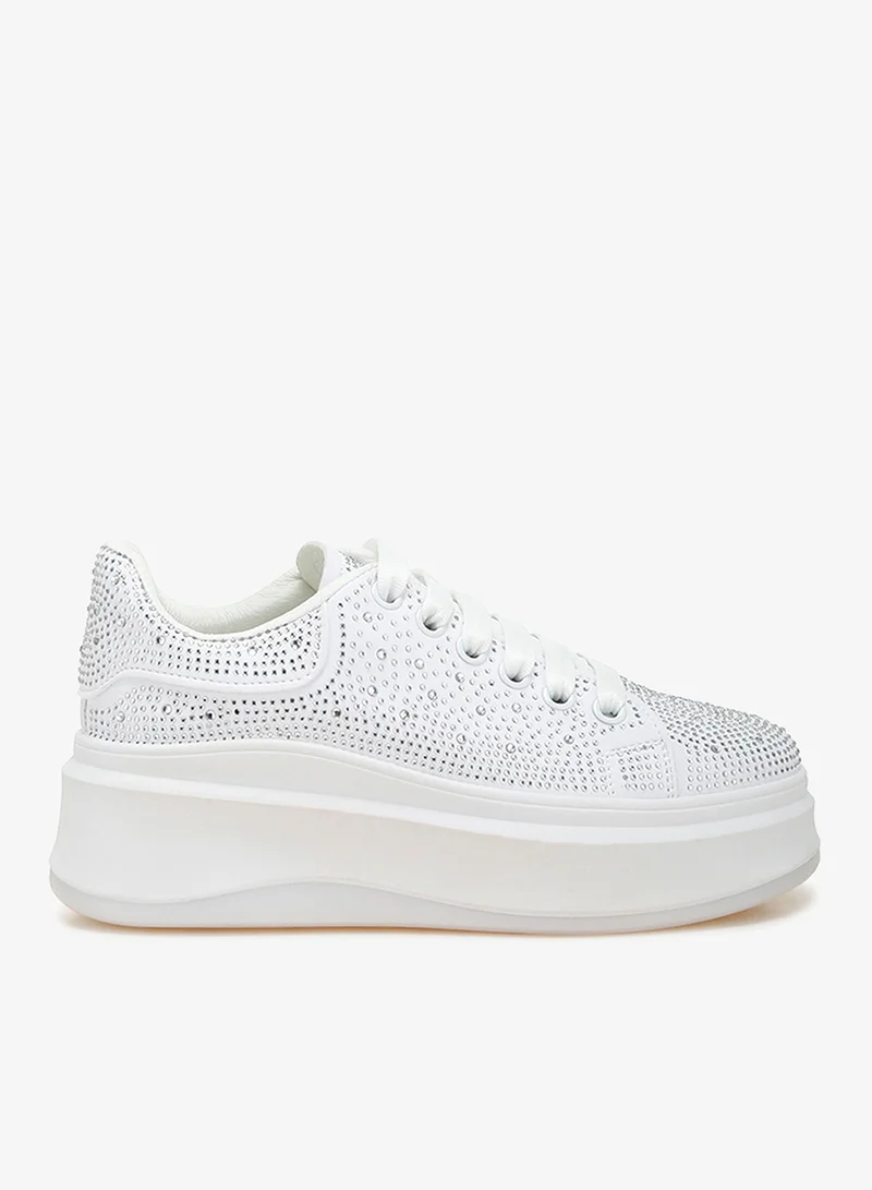 Rhinestones Embellished Chunky Sneakers in White