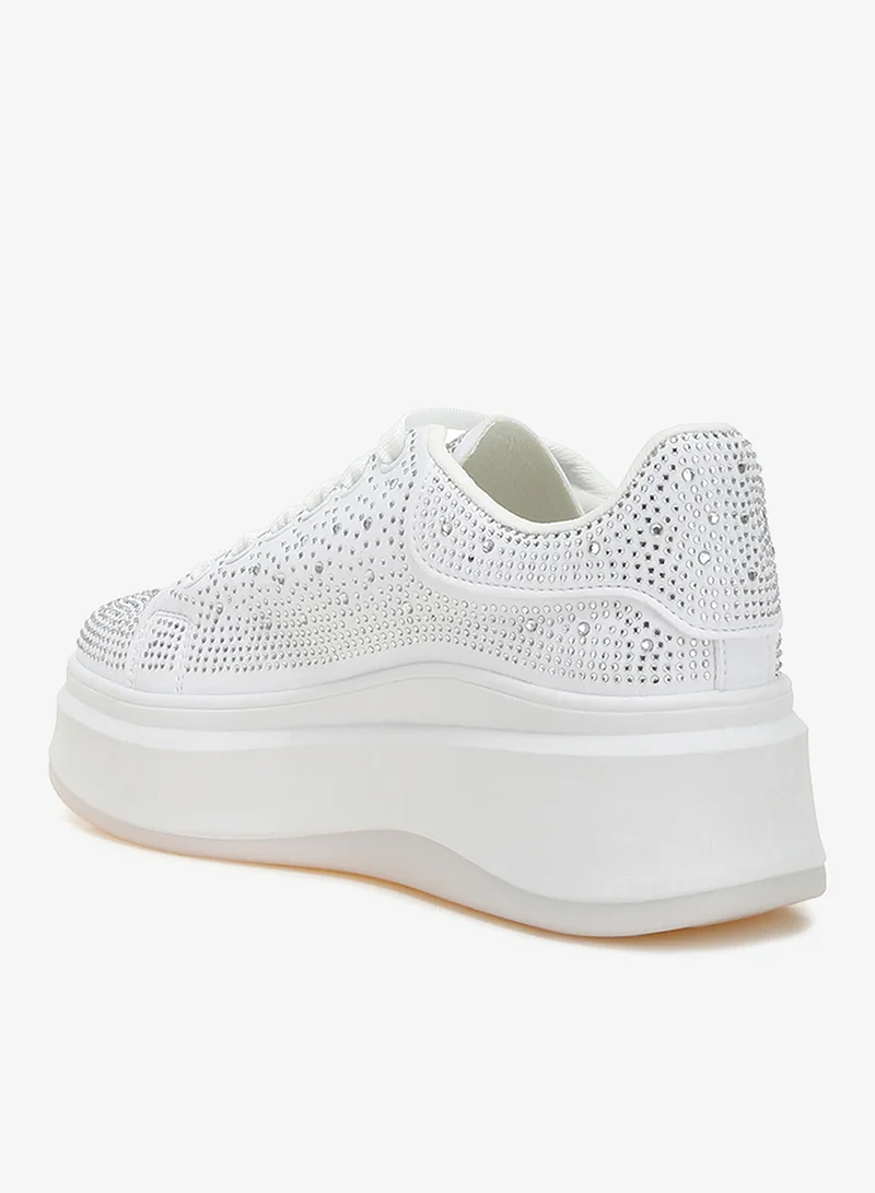 London Rag White Rhinestones Embellished Chunky Sneakers in White for Women | Best Price UAE