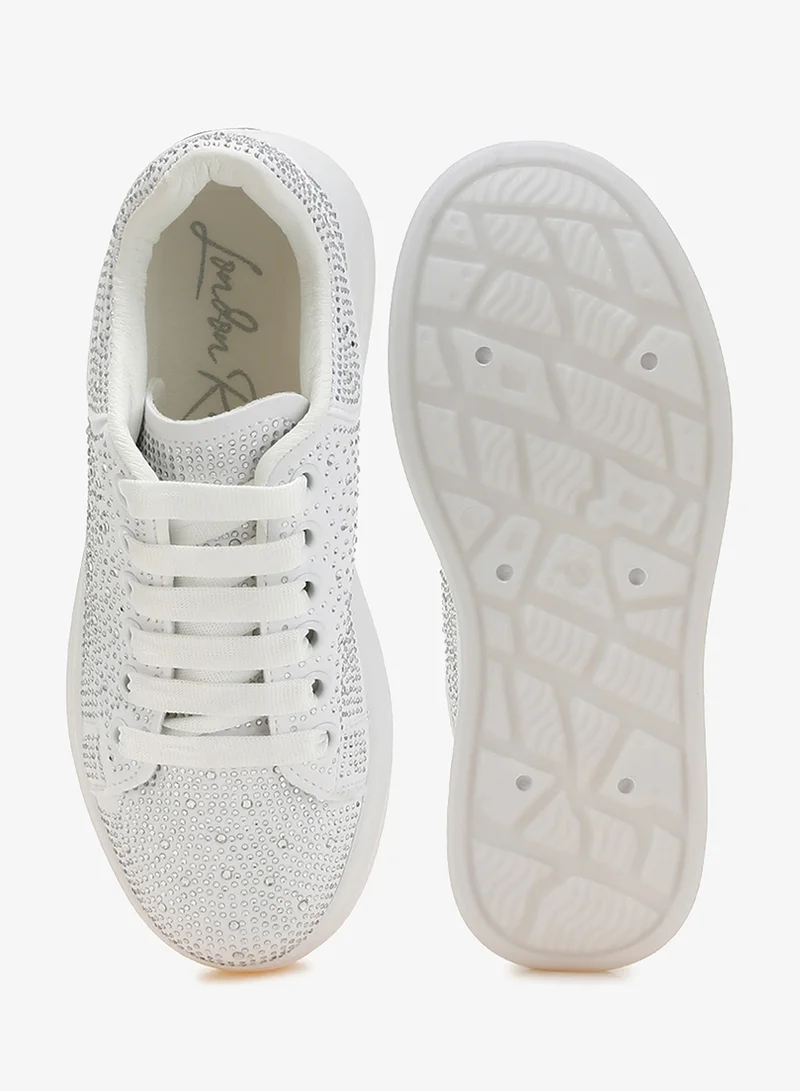 London Rag White Rhinestones Embellished Chunky Sneakers in White for Women | Best Price UAE