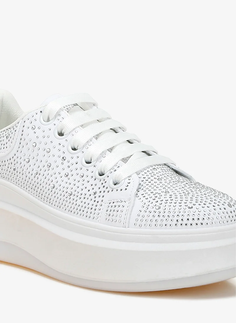 London Rag White Rhinestones Embellished Chunky Sneakers in White for Women | Best Price UAE