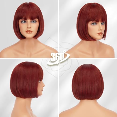 BARSDAR Short Bob Wig with Bangs - Short Copper Red Bob Wig with Bangs for Women - 12 Inch Chin-Length Natural Looking Soft Synthetic Hair Replacement Daily Halloween Party Copper Red Wigs - Image 4