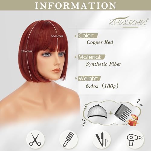 BARSDAR Short Bob Wig with Bangs - Short Copper Red Bob Wig with Bangs for Women - 12 Inch Chin-Length Natural Looking Soft Synthetic Hair Replacement Daily Halloween Party Copper Red Wigs - Image 2