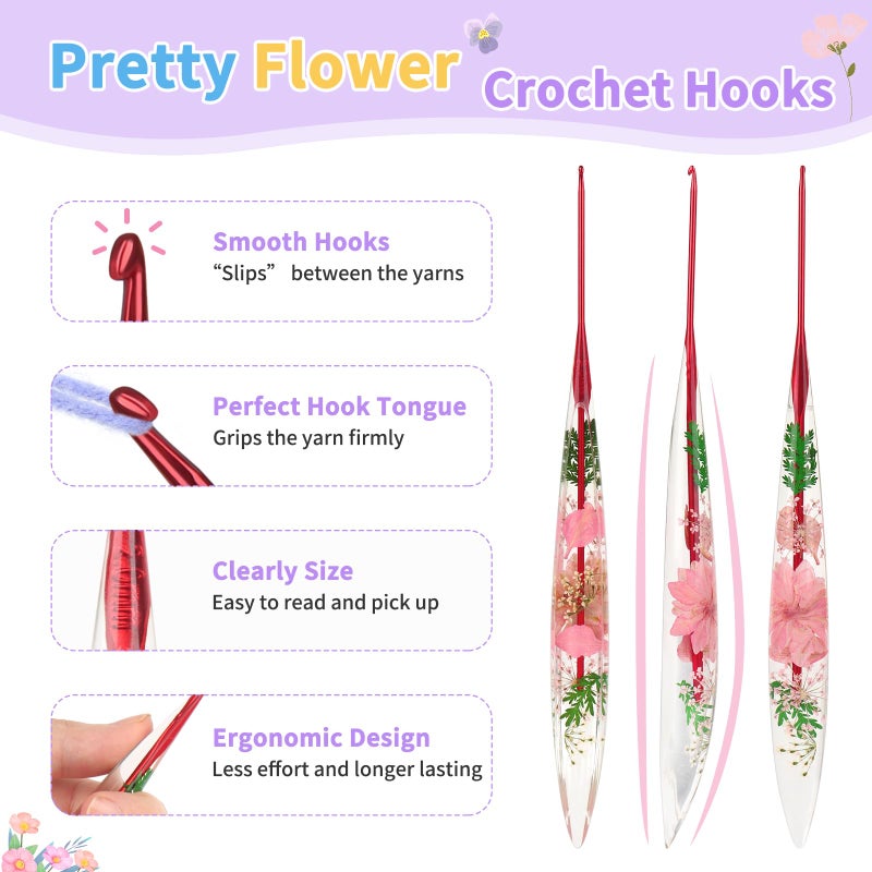 Coopay Crochet Hook Set, 9 PCS Crochet Hooks with Case (2.0mm-6.0mm), Floral Resin Grips - Beautiful & Ergonomic, Great for Crocheting Blankets, Dolls, Shawls, Hats, Scarves (B-J) - Image 5