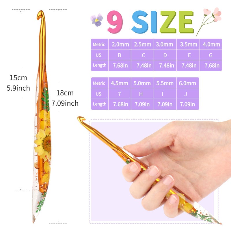 Coopay Crochet Hook Set, 9 PCS Crochet Hooks with Case (2.0mm-6.0mm), Floral Resin Grips - Beautiful & Ergonomic, Great for Crocheting Blankets, Dolls, Shawls, Hats, Scarves (B-J) - Image 4