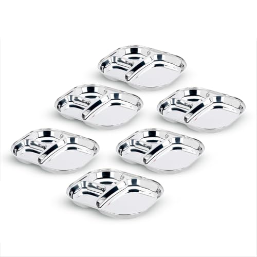 Vinod Stainless Steel 3-Compartment Plate/Heavy Guage Pav Bhaji Plate/Idli Sambhar Breakfast Plate/Stainless Steel Plates for Lunch/Dinner, Set of 06 - Image 1