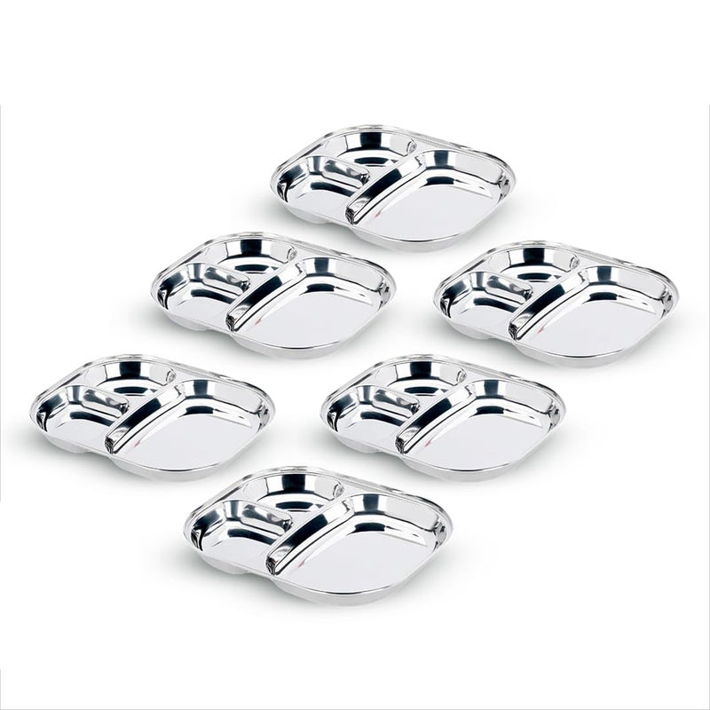 Vinod Stainless Steel 3-Compartment Plate/Heavy Guage Pav Bhaji Plate/Idli Sambhar Breakfast Plate/Stainless Steel Plates for Lunch/Dinner, Set of 06 - Image 5