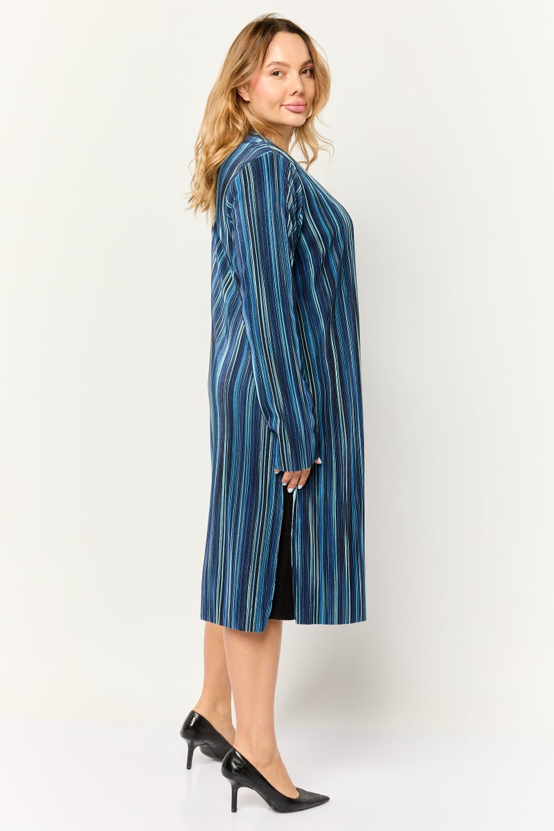 Cyrus Women Split Neck Rib Cardigan, Teal Blue  - Image 3
