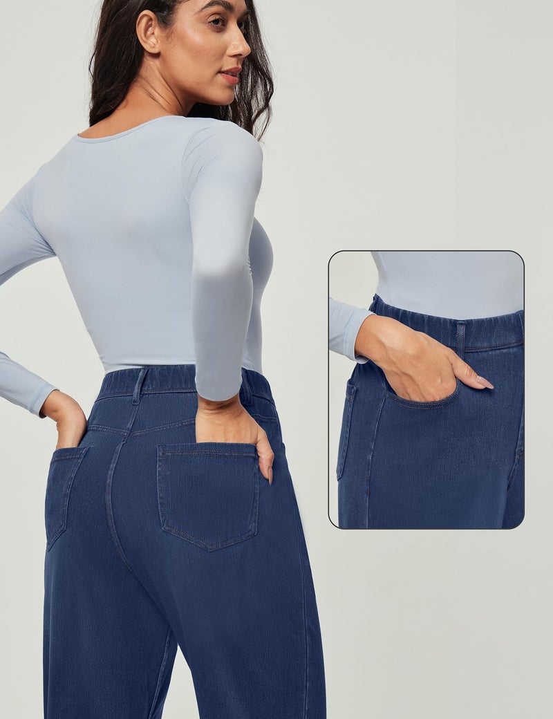IUGA Wide Leg Jeans Woman Stretchy Sweatpant Jeans Women Pull On Baggy Jean High Waisted Trendy Straight Casual Denim Pants Classic Blue - Image 4