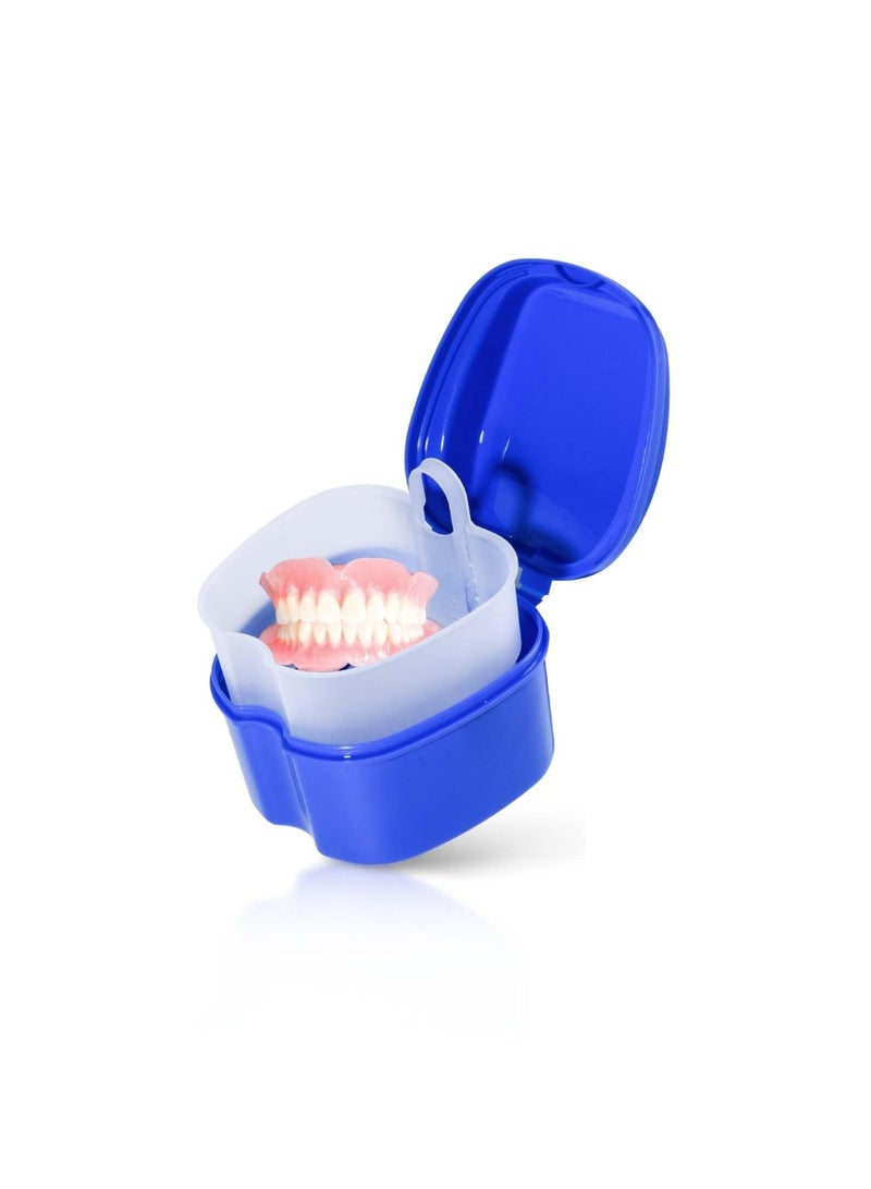 Denture Bath Case Cup Box Holder Storage Soak Container with Strainer Basket for Travel Cleaning (Blue) - Image 1