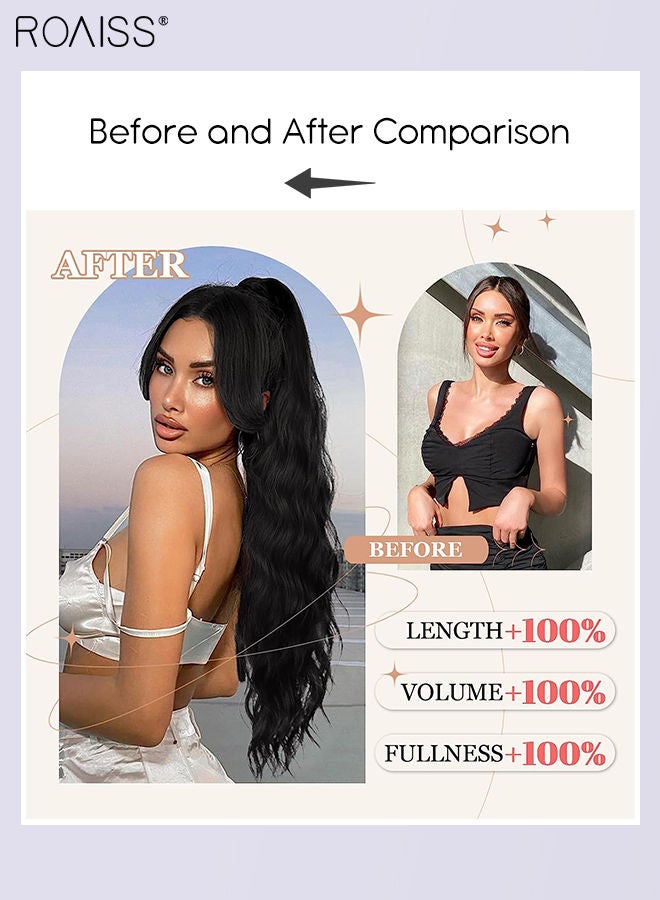 رويس وصلة شعر ذيل حصان طويلة مموجة برباط للنساء، وصلات شعر ذيل حصان اصطناعية، قطع شعر ناعمة طبيعية للاستخدام اليومي للحفلات 60 سم (24 بوصة) - أسود - Image 2
