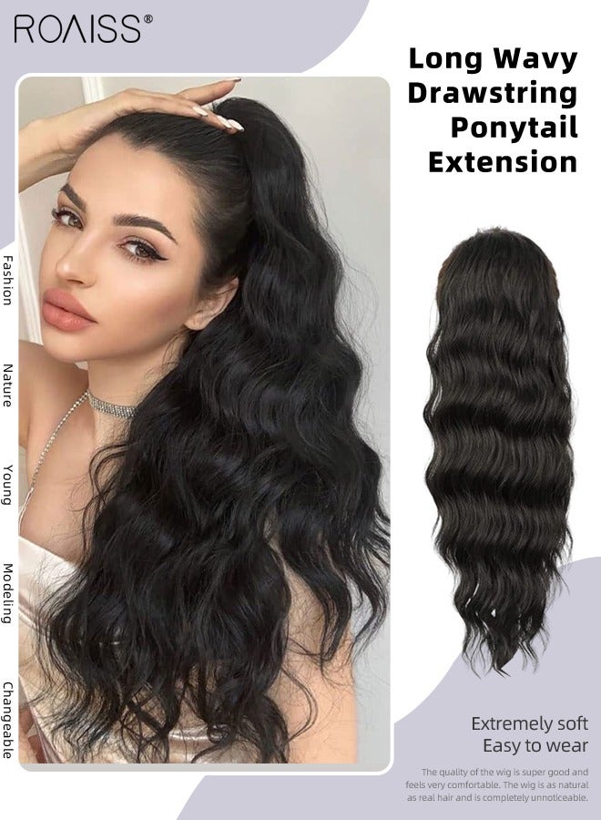 رويس وصلة شعر ذيل حصان طويلة مموجة برباط للنساء، وصلات شعر ذيل حصان اصطناعية، قطع شعر ناعمة طبيعية للاستخدام اليومي للحفلات 60 سم (24 بوصة) - أسود - Image 1