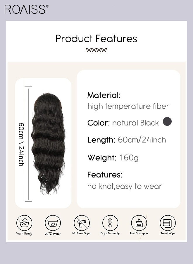 رويس وصلة شعر ذيل حصان طويلة مموجة برباط للنساء، وصلات شعر ذيل حصان اصطناعية، قطع شعر ناعمة طبيعية للاستخدام اليومي للحفلات 60 سم (24 بوصة) - أسود - Image 3