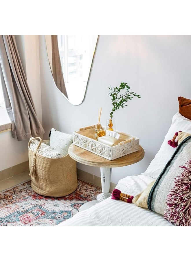 انتيكيانو ماكونو صينية مكرمية مزخرفة بتصميم بوهيمي مع مقابض خشبية منسوجة يدويا لتخزين المجوهرات والعطور والمكياج والتسريحة وسطح الطاولة وغرفة النوم وغرفة المعيشة، 14 انش طول × 10 انش عرض، مستطيلي - Image 4