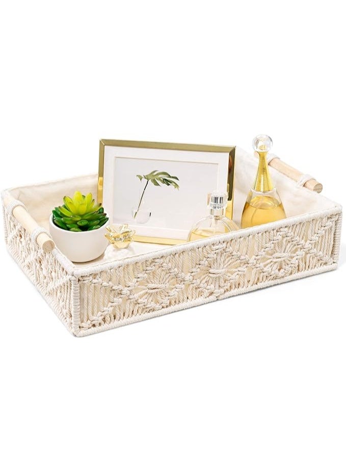 انتيكيانو ماكونو صينية مكرمية مزخرفة بتصميم بوهيمي مع مقابض خشبية منسوجة يدويا لتخزين المجوهرات والعطور والمكياج والتسريحة وسطح الطاولة وغرفة النوم وغرفة المعيشة، 14 انش طول × 10 انش عرض، مستطيلي - Image 2