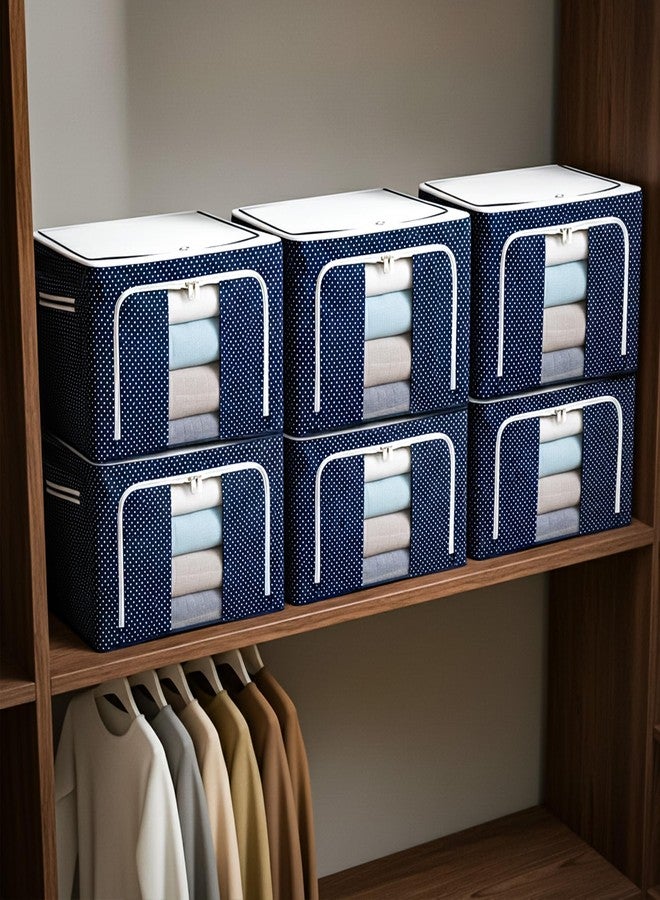 VERAT 6 Pcs 24 Liters Foldable Steel Frame Cloth Organizer for Storage/Wardrobe Organizer for Storage/almirah organizer for Sarees/Shirts/Blankets/Clothes Storage Box with Handle - (Blue) - Image 1