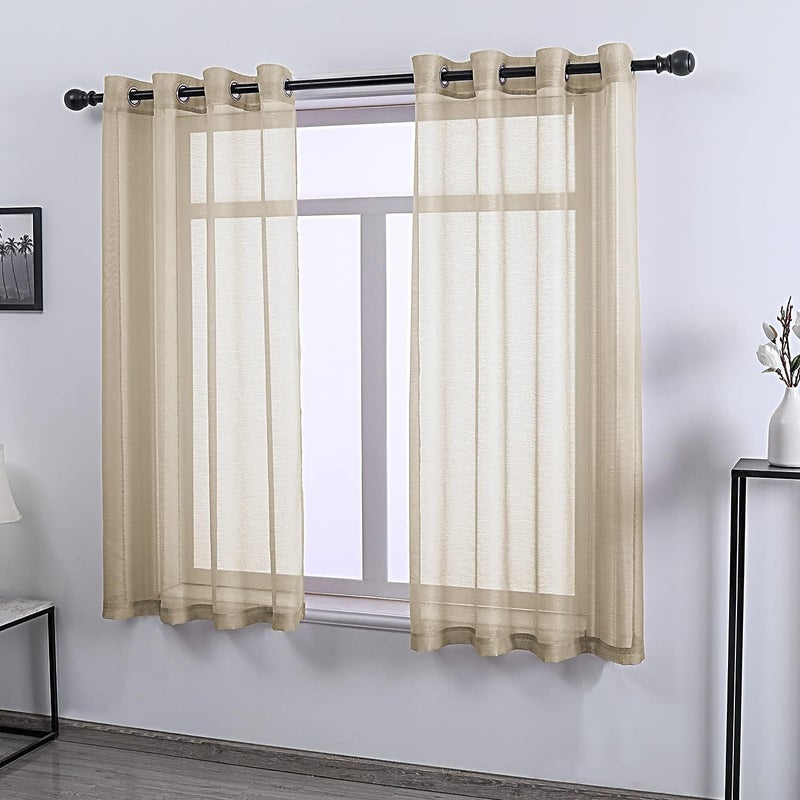 DONREN Taupe Textured Sheer Voile See Through Window Curtain Grommet Panels for Bedroom,Living Room(Tan,52 W x 63 inch Long,2 Piece) - Image 2