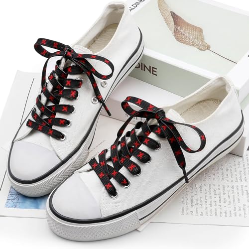 DANHUA Colored Printed Flat Shoelaces: 2 Pair Black Red Patterned Shoe Laces for Sneakers 63 inch - Image 4