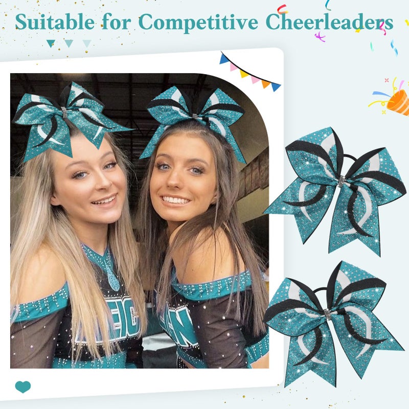 CEELGON 6PCS Full Glitter Rhinestone Cheer Bows Criss Cross Stiff Competition Large Cheerleading Hair Bows Elastic Band for Cheerleaders Girls -Teal/White/Black - Image 4